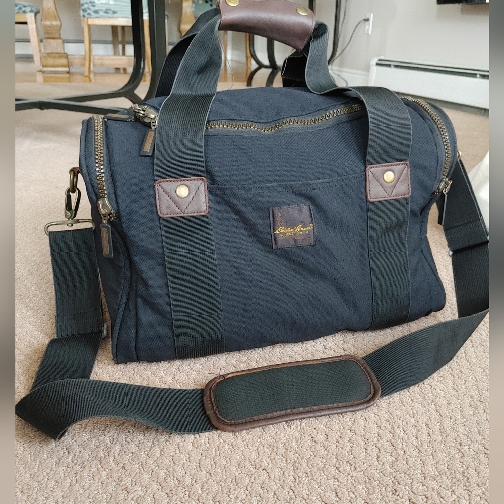 Vintage Eddie Bauer Black Canvas Duffel Bag Carry On Leather Accents Brass